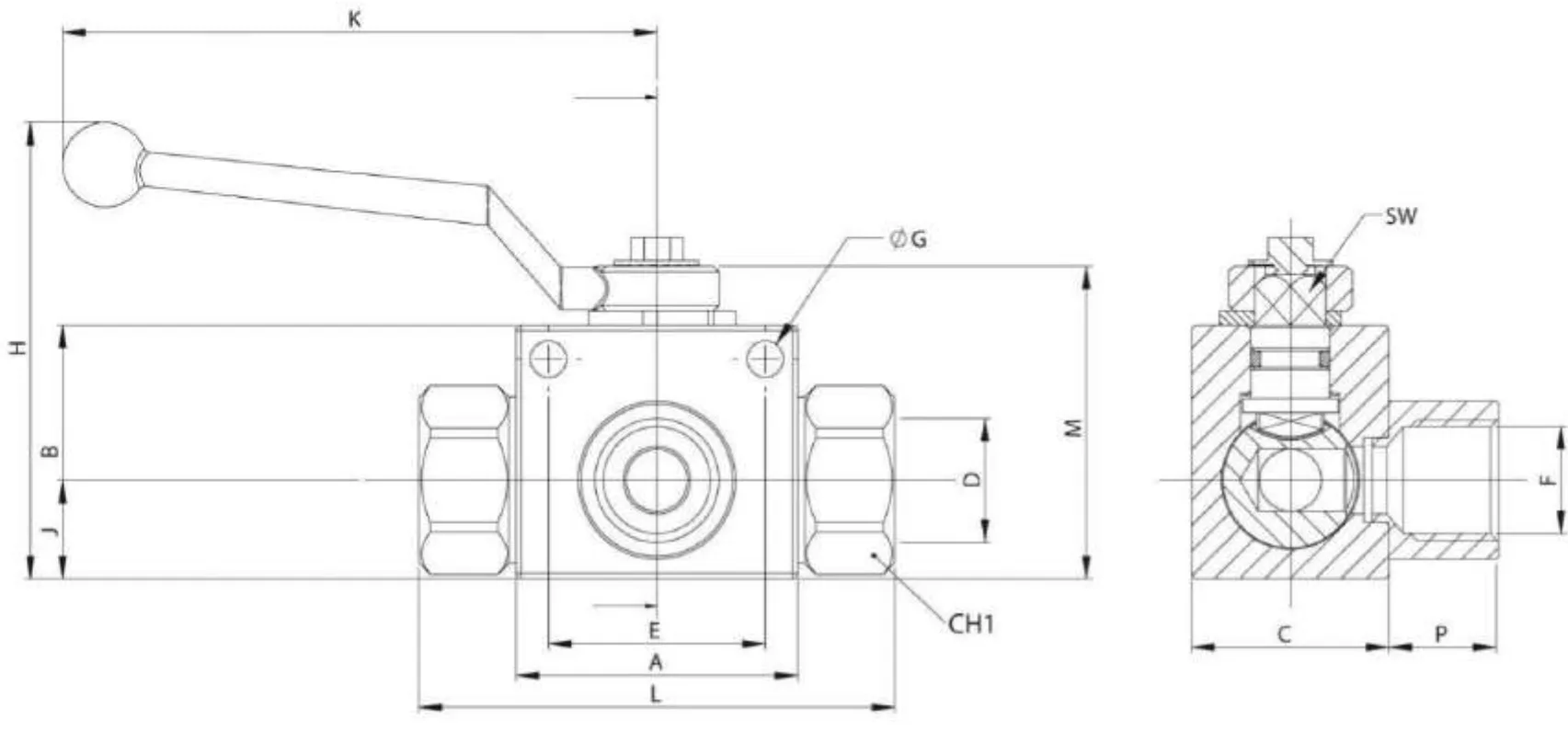 V3RH Series 3-Way H-H-H Ball Valve with Drilling