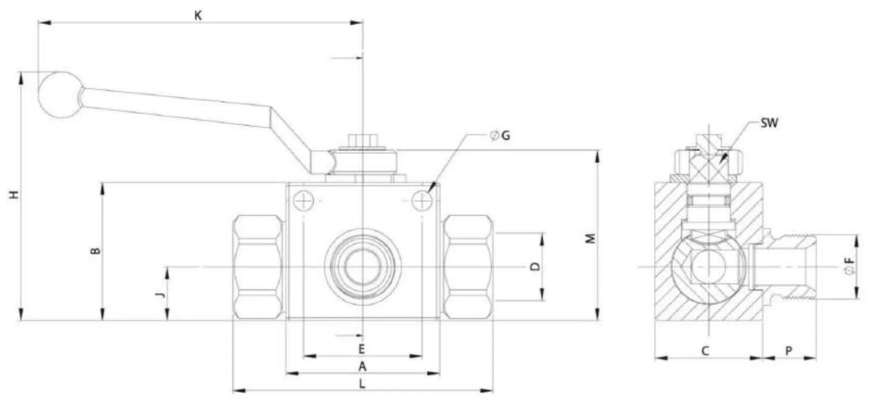 V3RH Series 3-Way H-M-H Hydraulic Ball Valve with Drilled Ports